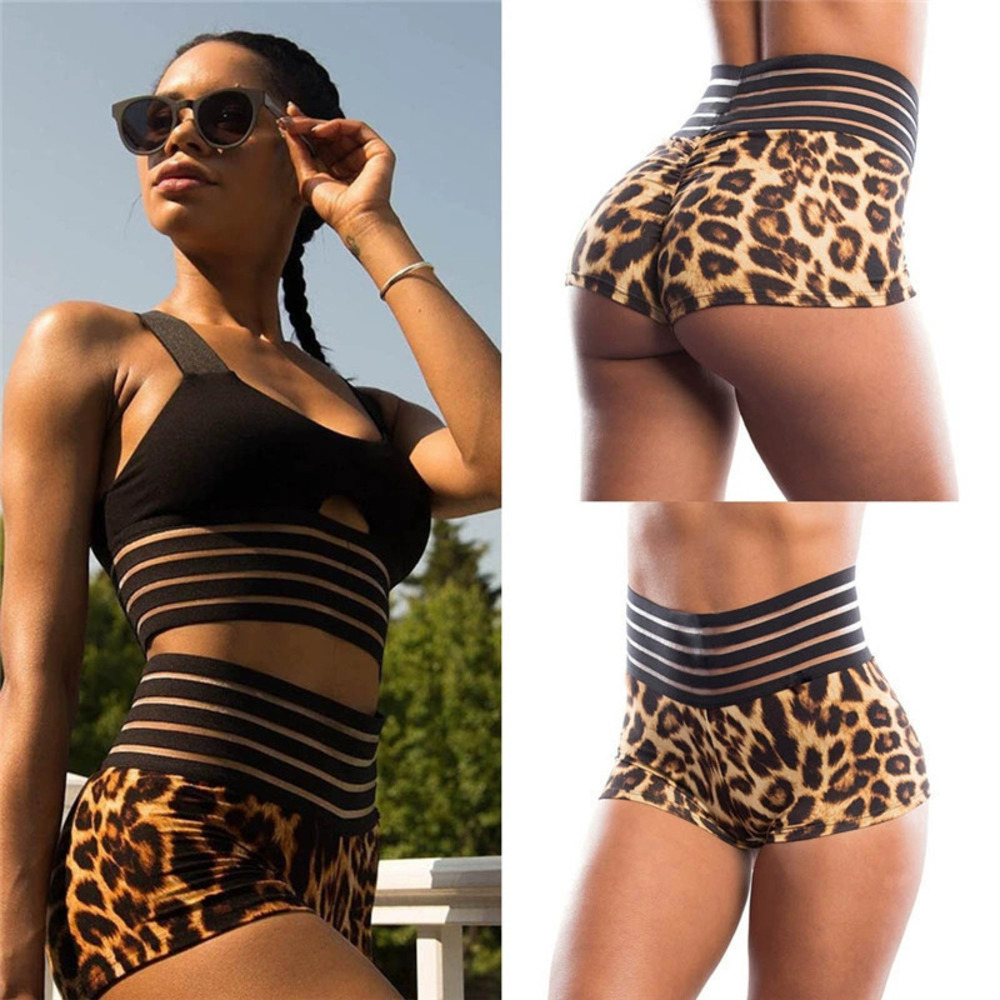 ZARA Womens Leopard Print Stripe Panel Elastic Waist Butt Lift Sports Shorts